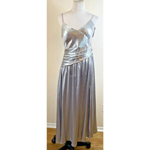Alexa B Nites Maxi Prom Gown Dress Size 6 Silver Metallic Spaghetti Strap NWT